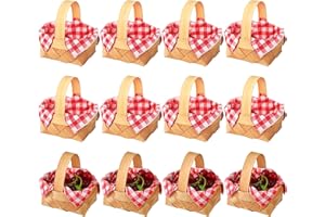 Geelin 12 Pcs Christmas Mini Woven Basket with Handle 20 Sheet Red and White Gingham Paper Napkins Wood Chip Mini Flower Fruit Picnic Basket Chip for Christmas Wedding Party Gift Decoration (Medium)