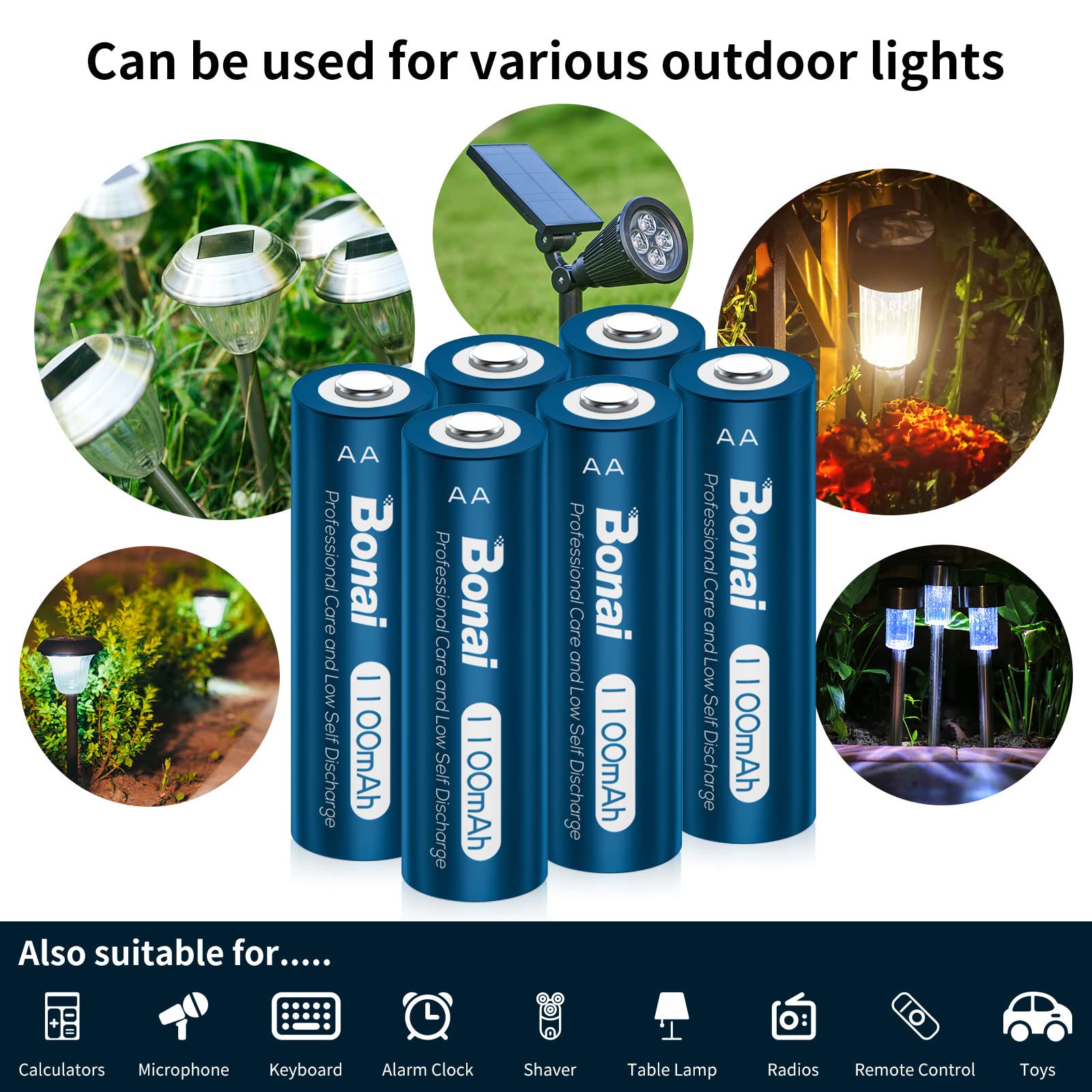 BONAI Akku AA 1100mAh Wiederaufladbare Solarleuchten Garten Batterien 1,2V Mignon AA Accu NI-MH Aufladbare Solar Bodenleuchten Akkubatterien geringe Selbstentladung (8 Stück) 2