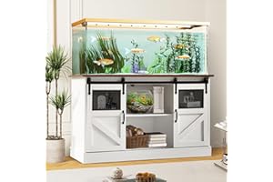 TITIMO 55-75 Gallon Fish Tank Stand with Power Outlet, Heavy Duty Large Aquarium Stand with Sliding Barn Door and Cabinet Storage for 2 Fish Tank Turtle Tank Reptile Terrarium, 1300LBS Capacity(White)