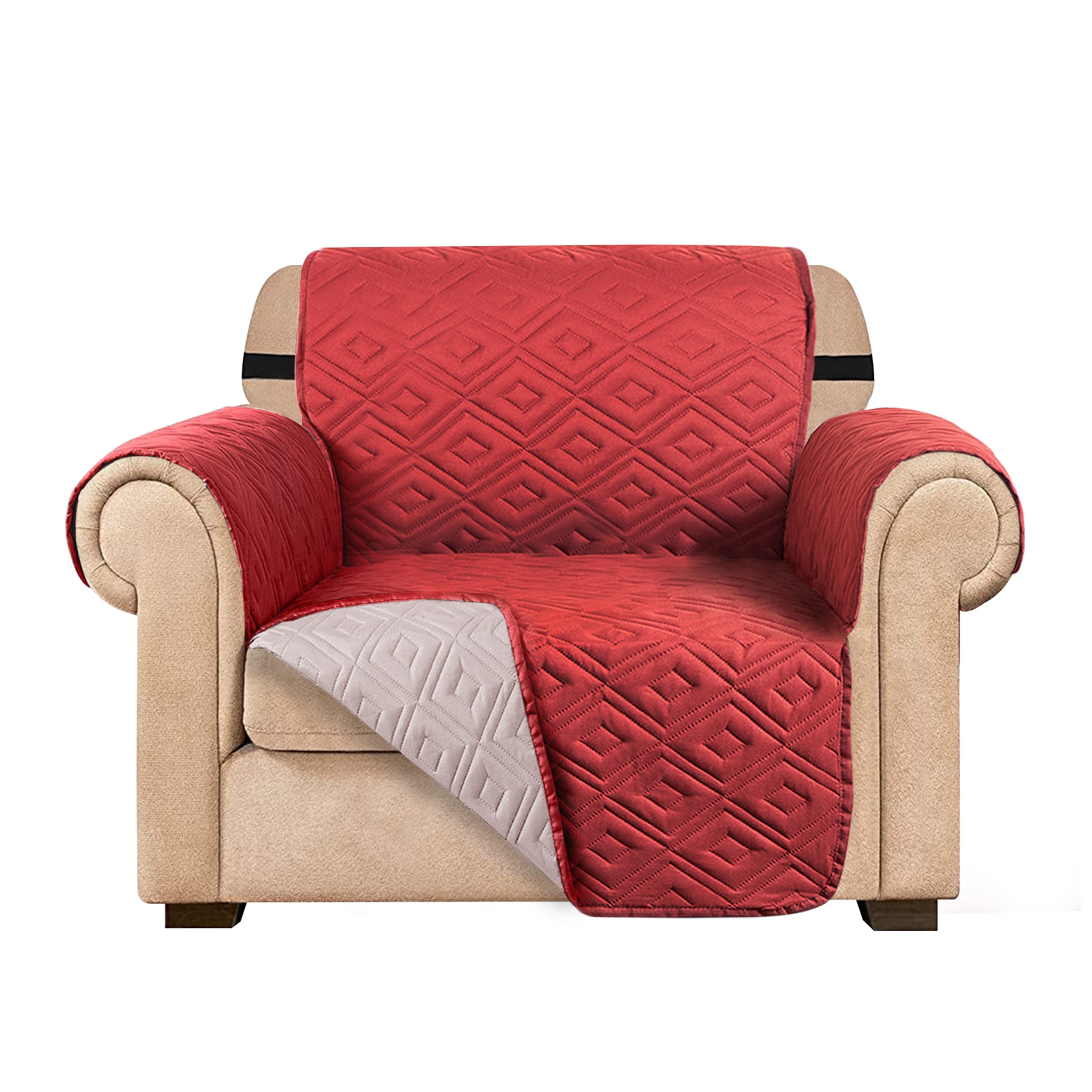 AMEHA Sofa Cover Non Slip Sofa Slipcovers 1 Seater Water Repellent Reversible Sofa Protectors from Pets & Kids with Adjustable Elastic Straps Embossed Quilted Washable Couch Covers, Burgundy Cream