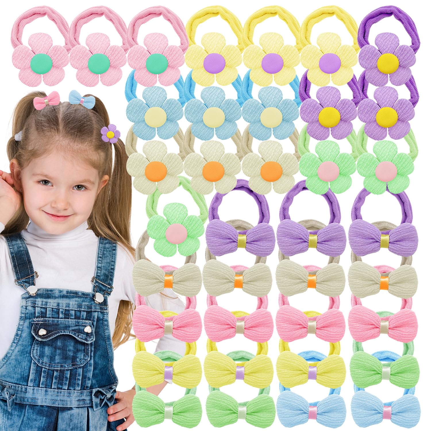 36 PCS Hair Bows for Girls,Soft Seamless Bows and Flowers Toddler Elastic Hair Bands Ponytail Holder for Girls Women Hair No Damage Accessories