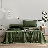 EVERLY Linen Queen Sheets Set, 100% Stonewashed French Linen Bed Sheets Deep Pocket Sheets, 4 Pieces (1 Flat Sheet, 1 Fitted Sheet, 2 Pillowcases) Natural Flax Bedding Set-Mossy Green