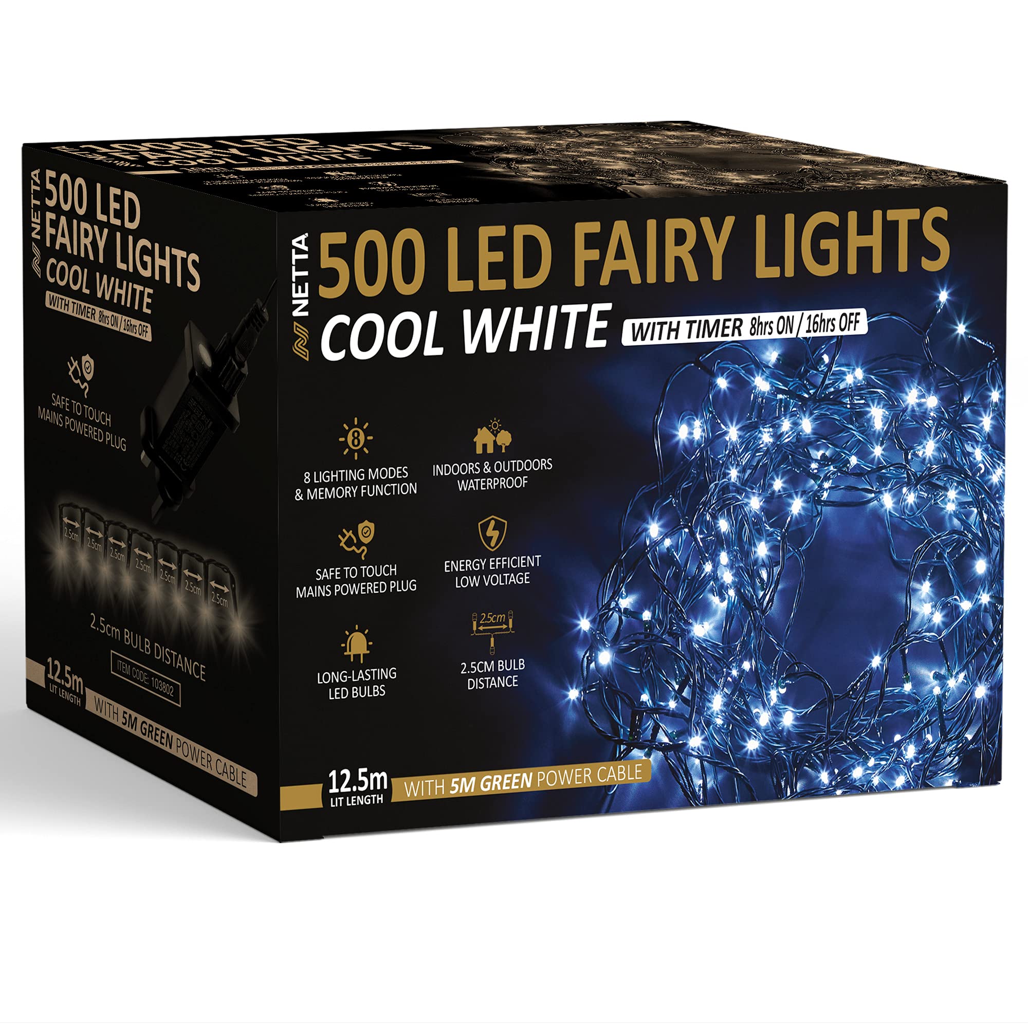 Christmas Tree Lights 500 LED 12.5m Cool White - 2.5cm Bulb Distance Fairy String Lights Plug in with Timer and Memory Functions - Suitable for Outdoor/Indoor Use