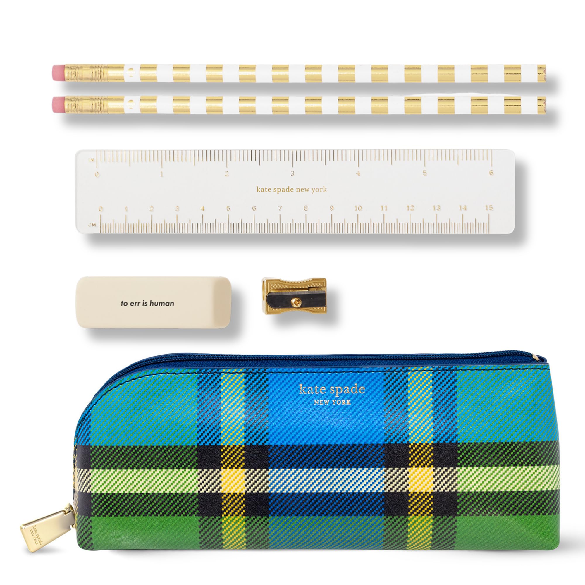 kate spade new york Pen and Pencil Case with Office Supplies, Zip Pouch Includes 2 Pencils, Sharpener, Eraser, and Ruler, Grand Plaid Duo — image 1