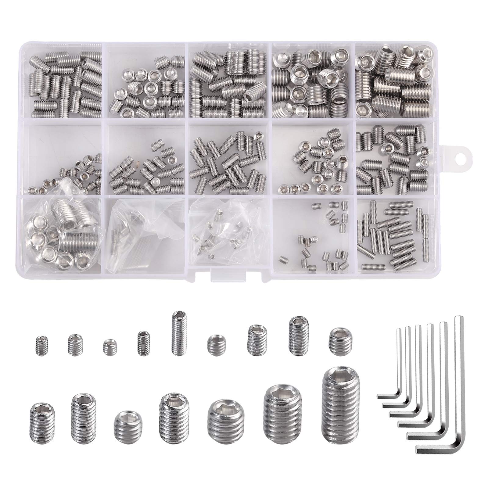 Grub Screws Set, eSynic 310Pcs Allen Key Screws M2.5 M3 M4 M5 M6 M8 Stainless Steel Hex Grub Screws Cone Point Set Screw with Key Wrench for Door Handles Faucet Light Fixture etc.