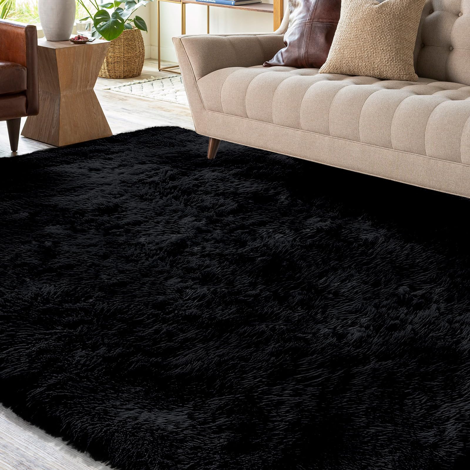 XSIVOD Black Rugs for Living Room, Ultra Soft Large Bedroom Rugs Floor Carpet, Luxury Fluffy Shag Lounge Carpet Ideal for Bedroom, Nursery, Kids Baby Room, 200x230cm