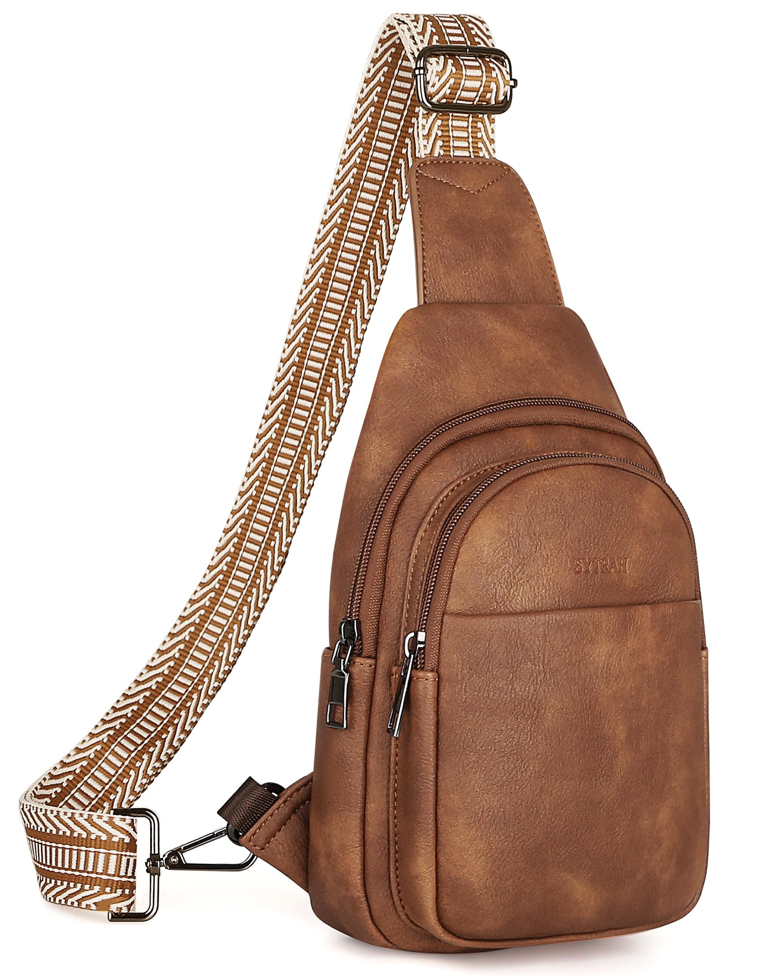 Photo 1 of SYTRAH Sling Bag for Women, Crossbody Bags Purse for Women Trendy Vegan Leather Chest Bag with Adjustable Guitar Strap, Mocha Brown
