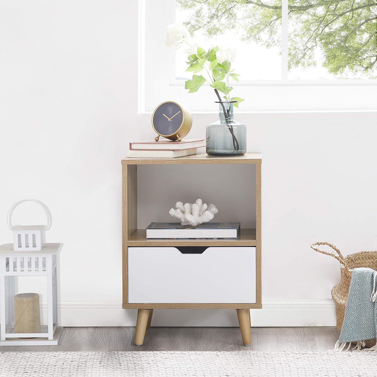 Nightstand- 2-Tier Side Table-Drawer and Shelf Storage Table for Living Room-Sofa Table and end Table-Set of 2: Kitchen & Dining