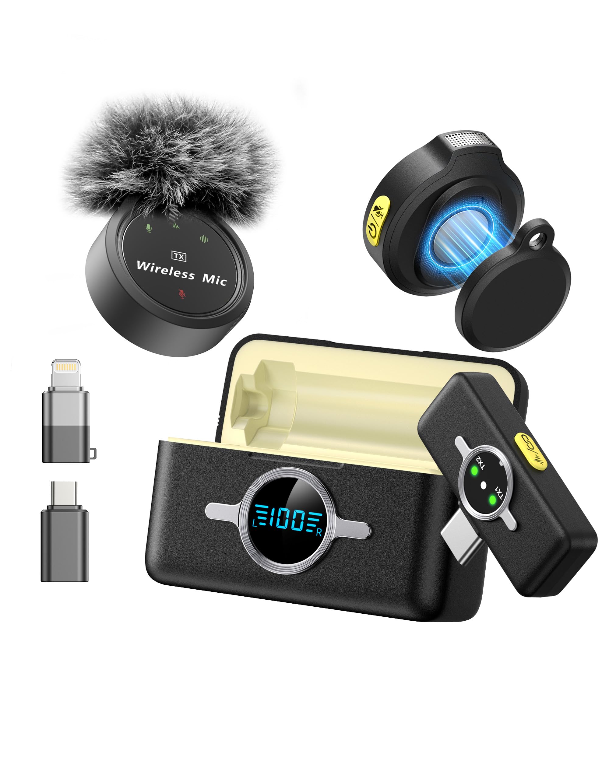 Wireless Lavalier Microphone for iPhone/Android, Professional Microphone with Custom Wind Muff, Noise Cancellation, Includes Type-C/Lightning Connectors, 300ft Range for Recording, Streaming Image