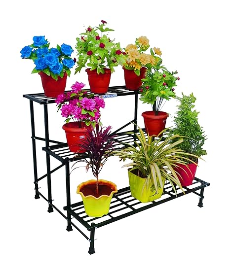 AKURA,3-Step Metal Gardening Stand/Planter Stand for Indoor &Outdoor Plant Pots(Steel Tube: 20 x 20 mm;Size:W-100cm x D-85cm x H-77.5cm; Colour-Black)