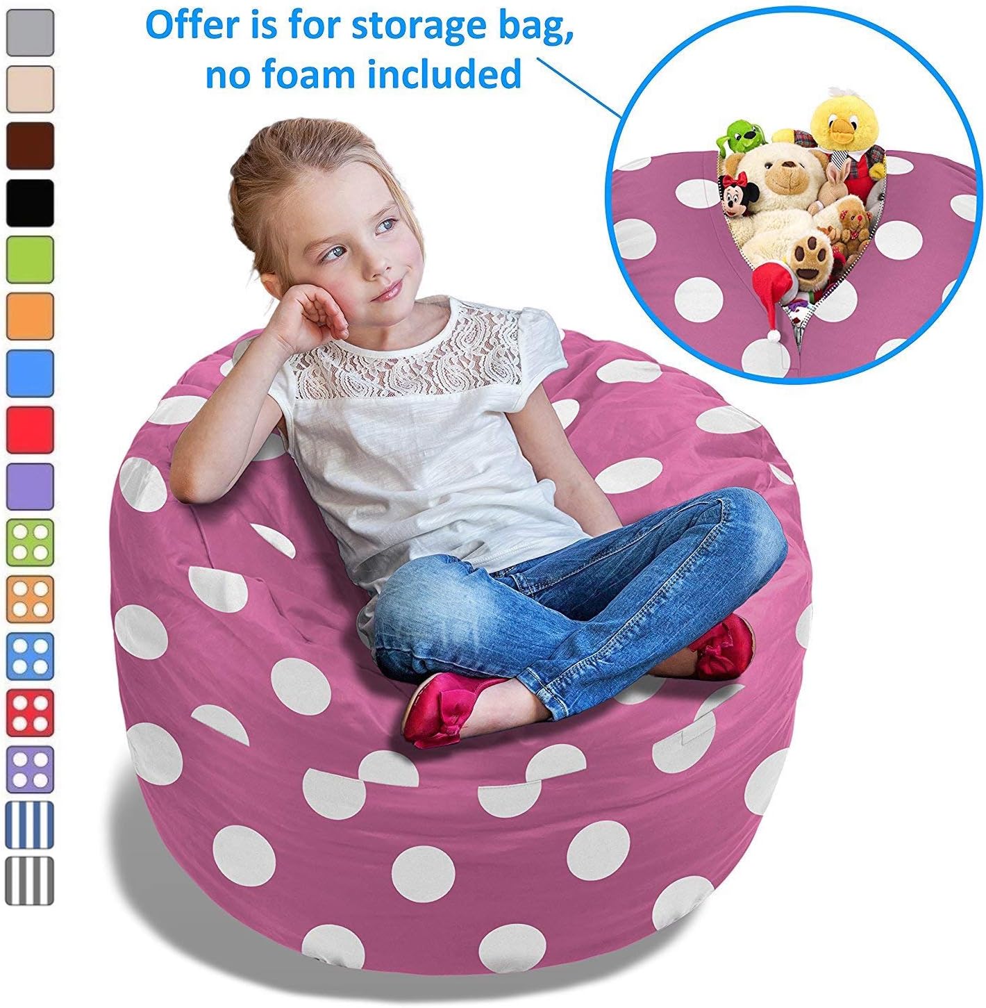 BeanBob Stuffed Animal Bean Bag - Kids Stuffed Animal Storage Bag Chair - Pouf Ottoman for Toy Storage 2.5ft, Pink with Polka dOTS