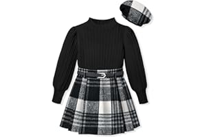 ADIFUN Clothes For Girls Skirt Pants Sets Long-Sleeved Round Neck Top Flannel Plaid Skirt Dress Beret Girls Outfit 3 Piece