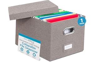 Internet's Best Collapsible File Box Storage Organizer with Lid - Decorative Linen Filing & Storage Office Boxes – Hanging Letter/Legal Folder – Home Office Bins Cabinet – Grey Container - 1 Pack