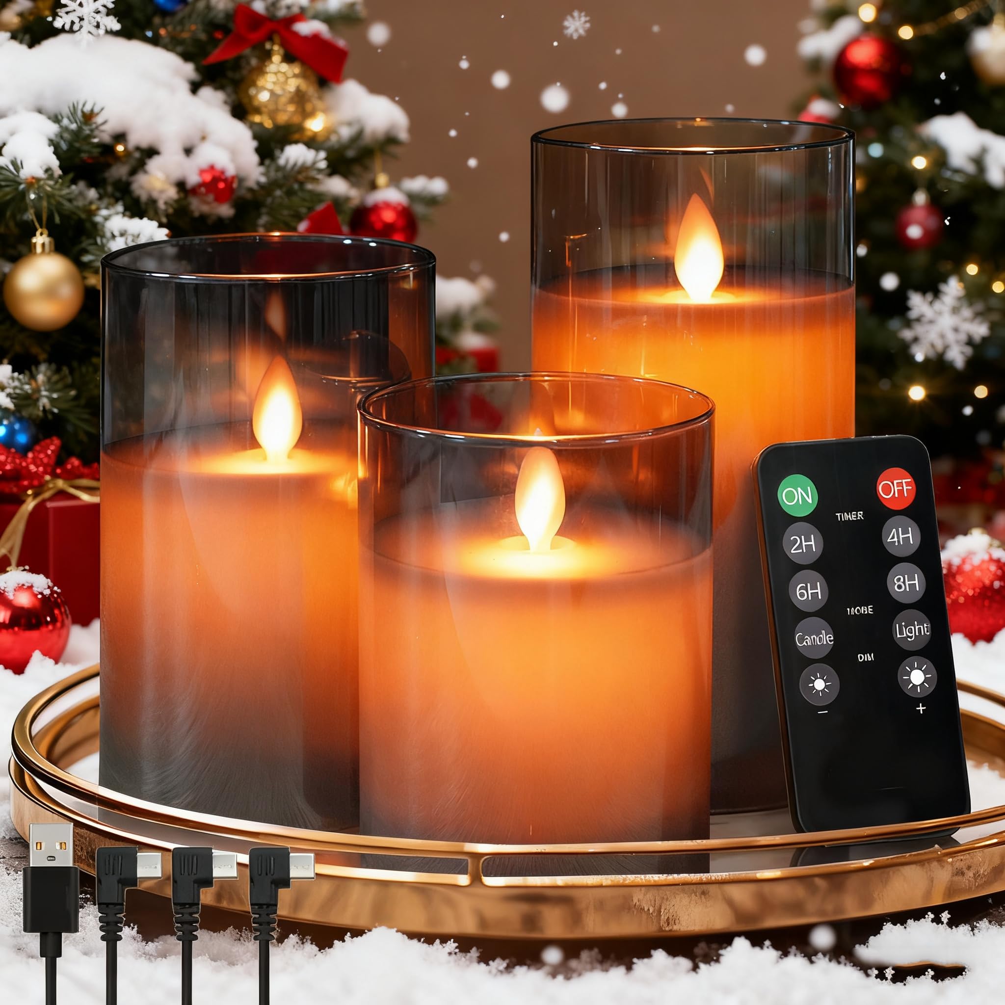 NICE POINT LED Flameless Candles,Rechargeable Flashing Pillar Real Wax Candle with Remote Control and Timer, Swingable Candle Wick, Grey Clear Glass Electronic Candles for Room Decor, Pack of 3
