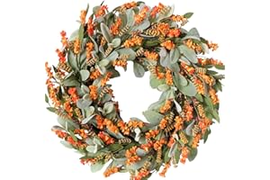 Egolot 20 Inch Fall Wreath Harvest Orange Flowers Grain Wreath for Front Door, Everyday Lamb Ears Leaves with Yellow Orange Artificial Flower Wreath for Indoor and Outdoor, Rustic and Farmhouse Wreath