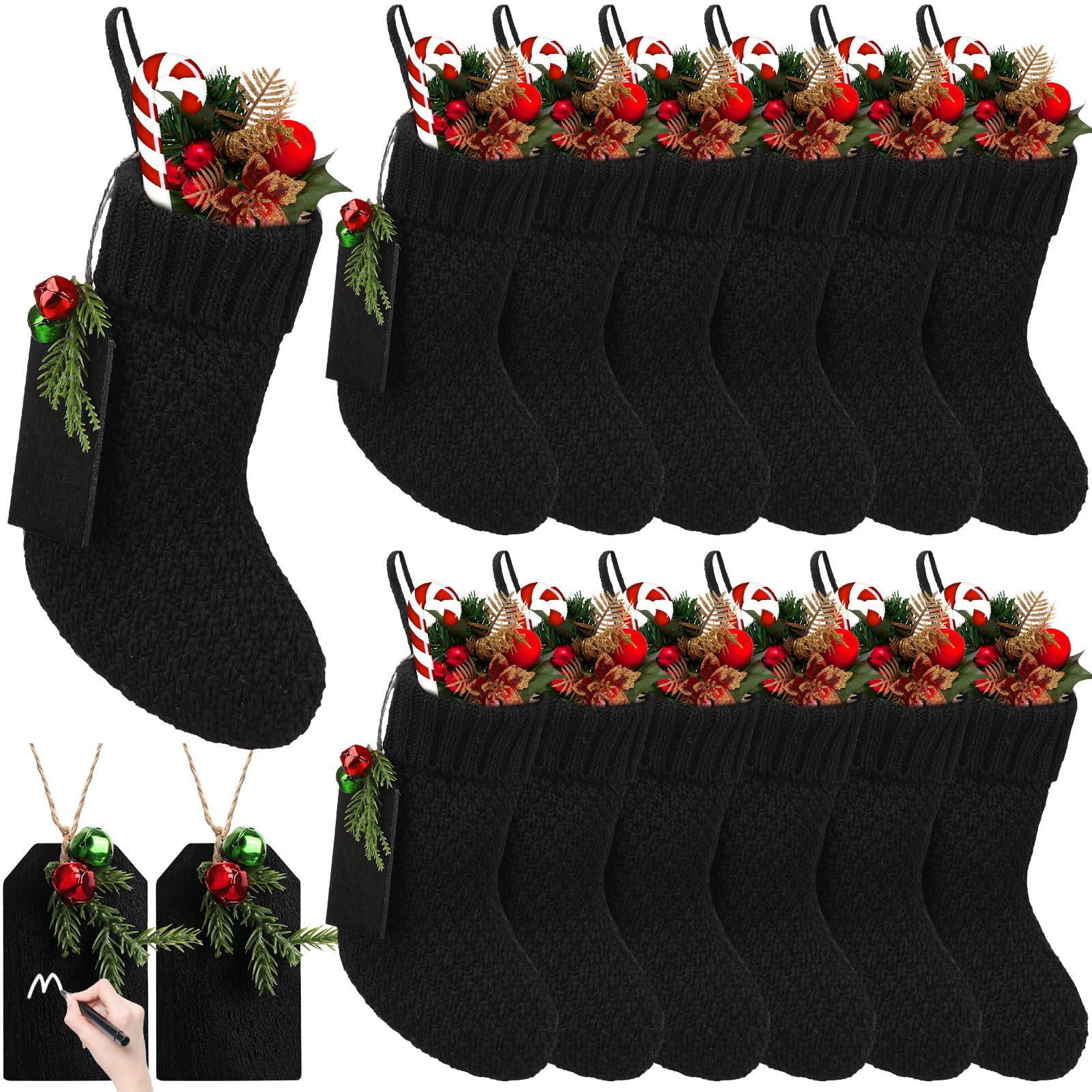 Photo 1 of Zubebe 12 Pieces Christmas Mini Stockings Knitted Xmas Stocking Rustic with 12 Pieces Name Tags Family Xmas Fireplace Hanging Stockings Holiday Decorations Stockings (Black)
