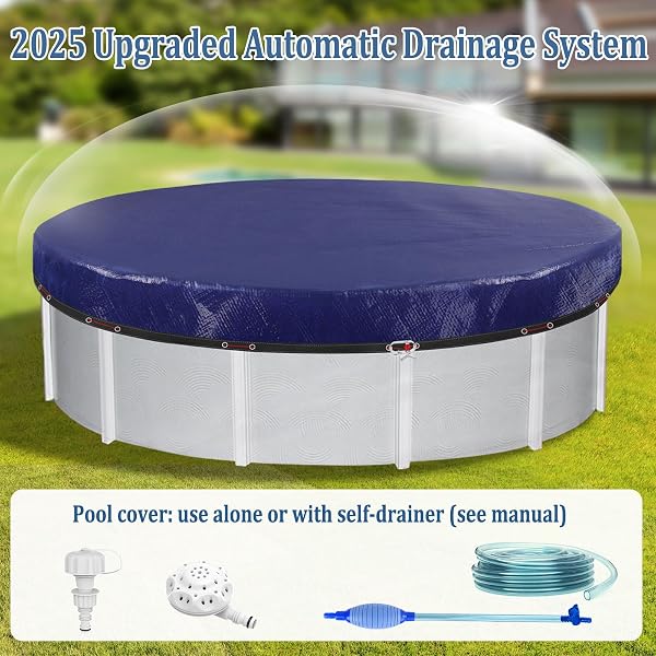24 FT POOL COVERS FOR ABOVE GROUND POOLS WITH AUTOMATIC SIPHON DRAIN, EXTRA THICK HEAVY-DUTY ROUND WINTER POOL COVER, STOP WATERLOGGING, 2-IN-1 TEAR-PROOF UV-RESISTANT POOL TARPS WITH PULLEY AND CAB