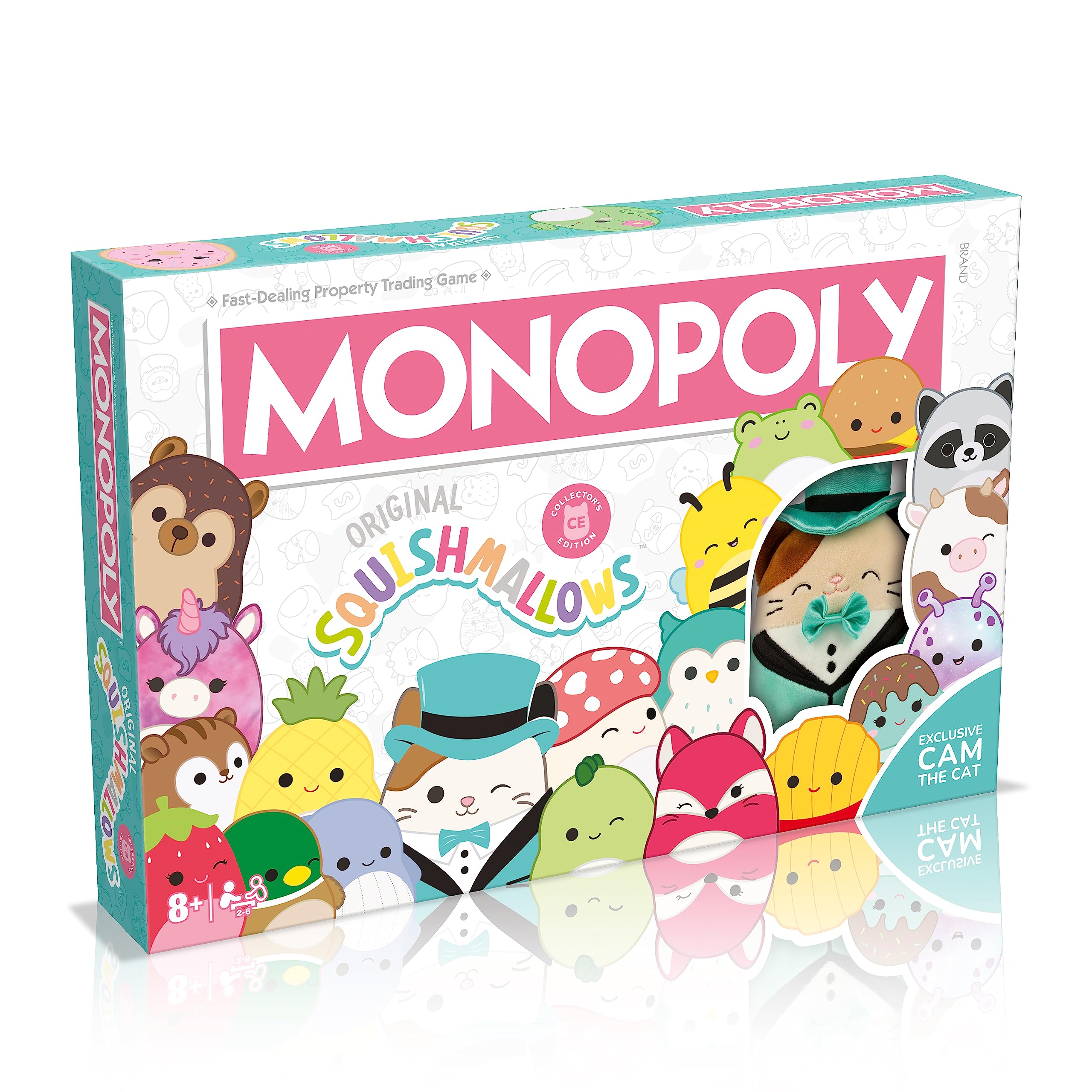 Winning Moves Squishmallows Monopoly Board Game Collectors Edition, Play with Fifi the Fox, Rosie the pig and Brock the Bulldog, includes an exclusive 4" Cam the Cat plush, great gift for ages 8 plus