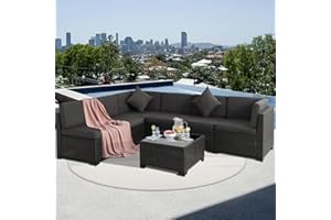 KIGOTY 7 Pieces Modular Outdoor Sectional Sofa, Wicker Patio Conversation Set, All-Weather PE Rattan Sectional Sofa with Cushions and Glass Coffee Table (Gray Cushions)