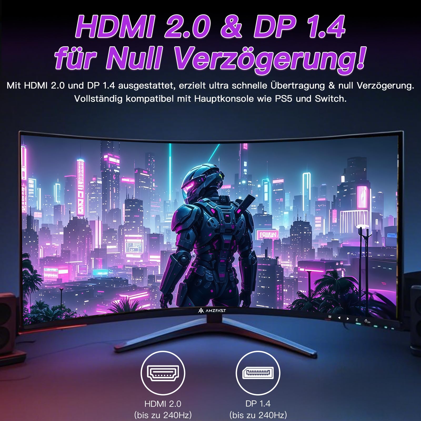 Amzfast 32 Zoll Curved Gaming Monitor (240Hz, 1920x1080, 1ms MPRT, 1500R), Adaptive-Sync, 90% DCI-P3, 120% sRGB, 300cd/m², HDMI 2.0 & DisplayPort 1.4 (AMZG32C3F) 4