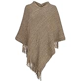 Fomolom Womens Poncho Sweater V Neck Knitted Pullover Shawls Wraps Capes with Fringes Gifts for Women Mom