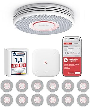 X-Sense Smarter Rauchmelder WLAN mit Sprachausgabe und 17 Standorten, Feuermelder, Rauchmelder vernetzt, 33 mm, Brandmelder mit SBS50 Basisstation, XS0B-MR121, 12 Stück