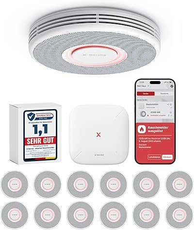 X-Sense Smarter Rauchmelder WLAN mit Sprachausgabe und 17 Standorten, Feuermelder, Rauchmelder vernetzt, 33 mm, Brandmelder mit SBS50 Basisstation, XS0B-MR121, 12 Stück