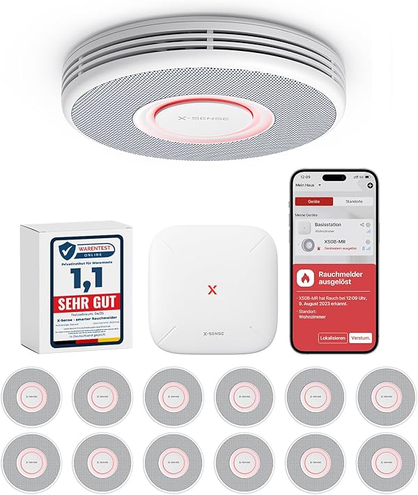 X-Sense Smarter Rauchmelder WLAN mit Sprachausgabe und 17 Standorten, Feuermelder, Rauchmelder vernetzt, 33 mm, Brandmelder mit SBS50 Basisstation, XS0B-MR121, 12 Stück