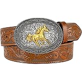 JKEEMI Western Cowboy Belt for Men Women, Country Longhorn-Bull Horse Buckle Embossed Leather Belt for Jeans Gift