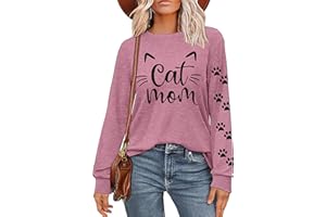 QAUN Cute Cat Shirt for Women Long Sleeve Funny Cat Mom Shirts Cat Lovers Casual Tops