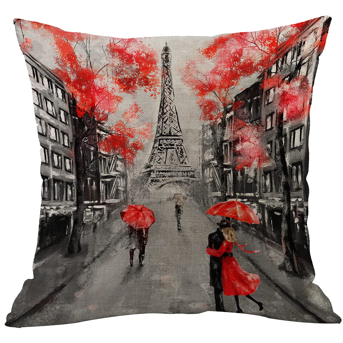 CANSEGO Paris Pillowcases Lovers Kiss in France Street Red Umbrella Leaves Eiffel Tower Valentine's Day Throw Pillow Cushion Covers Cotton Linen for Men Women Boys Girls Living Room 18x18 Inch