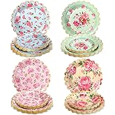 Pasimy 64 Pcs Floral Vintage Plates Paper Tea Party Tableware Set 9 Inch and 7 Inch Plates for Tea Party Birthday Baby Shower Wedding Bachelorette Party Supplies(Rose)