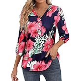 Womens 3/4 Sleeve Hawaiian Shirts V Neck Summer Floral Printed Shirt Casual Buttons Down Soft Tunic Tops