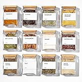 Glass Spice Jars with Bamboo Lid, 4oz Square Spice Containers for Pantry Organization, Seasoning Bottles with Labels, Spoons,
