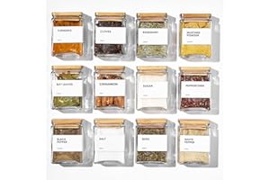 Glass Spice Jars with Bamboo Lid, 4oz Square Spice Containers for Pantry Organization, Seasoning Bottles with Labels, Spoons,