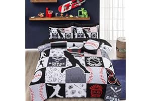 A Nice Night Sports Geometric Grid Black Patchwork Baseball Printed for Boys Twin 6Pcs Bed in A Bag Comforter Bedding Set,Black