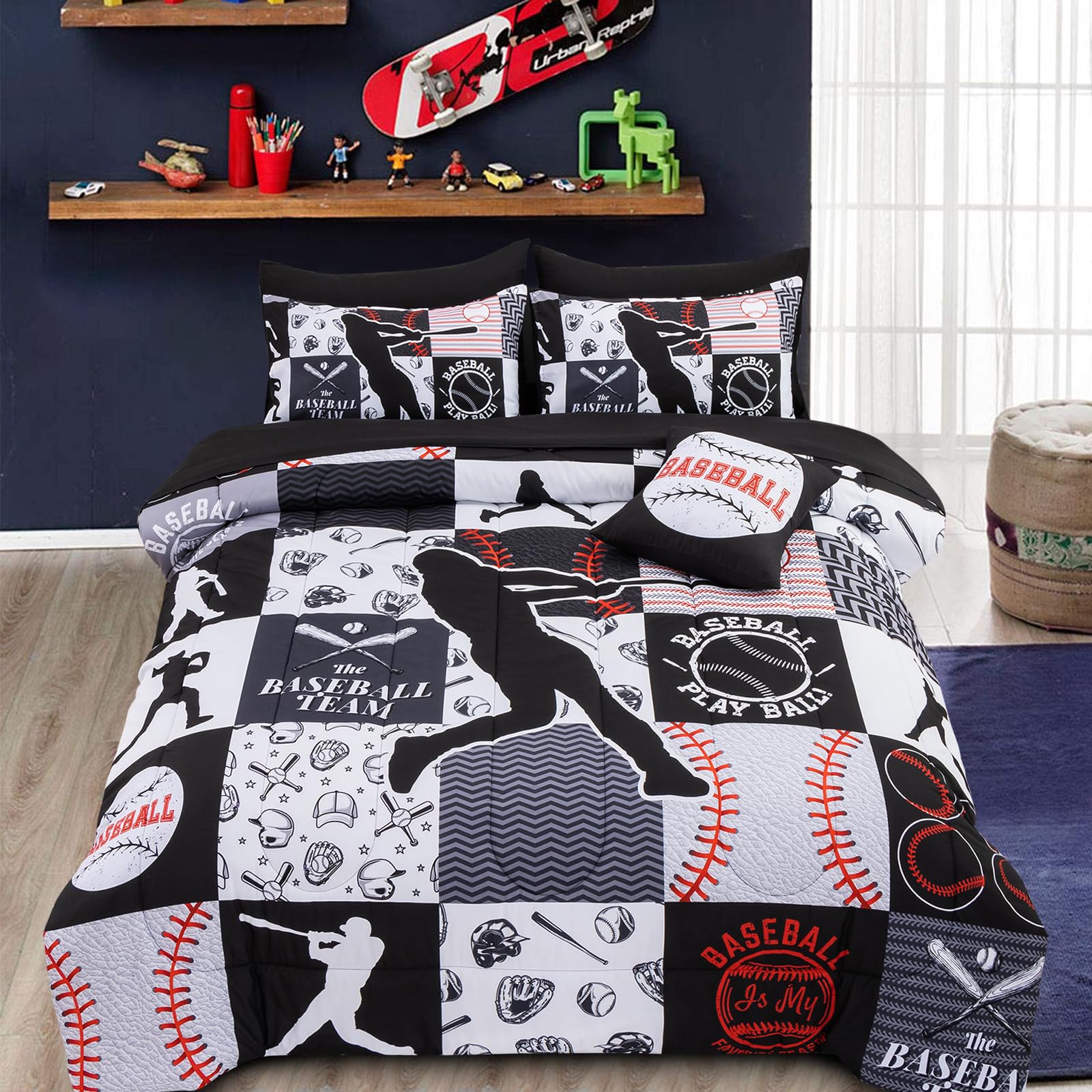 Photo 1 of A Nice Night Sports Geometric Grid Black Patchwork Baseball Printed for Boys Twin 6Pcs Bed in A Bag Comforter Bedding Set,Black