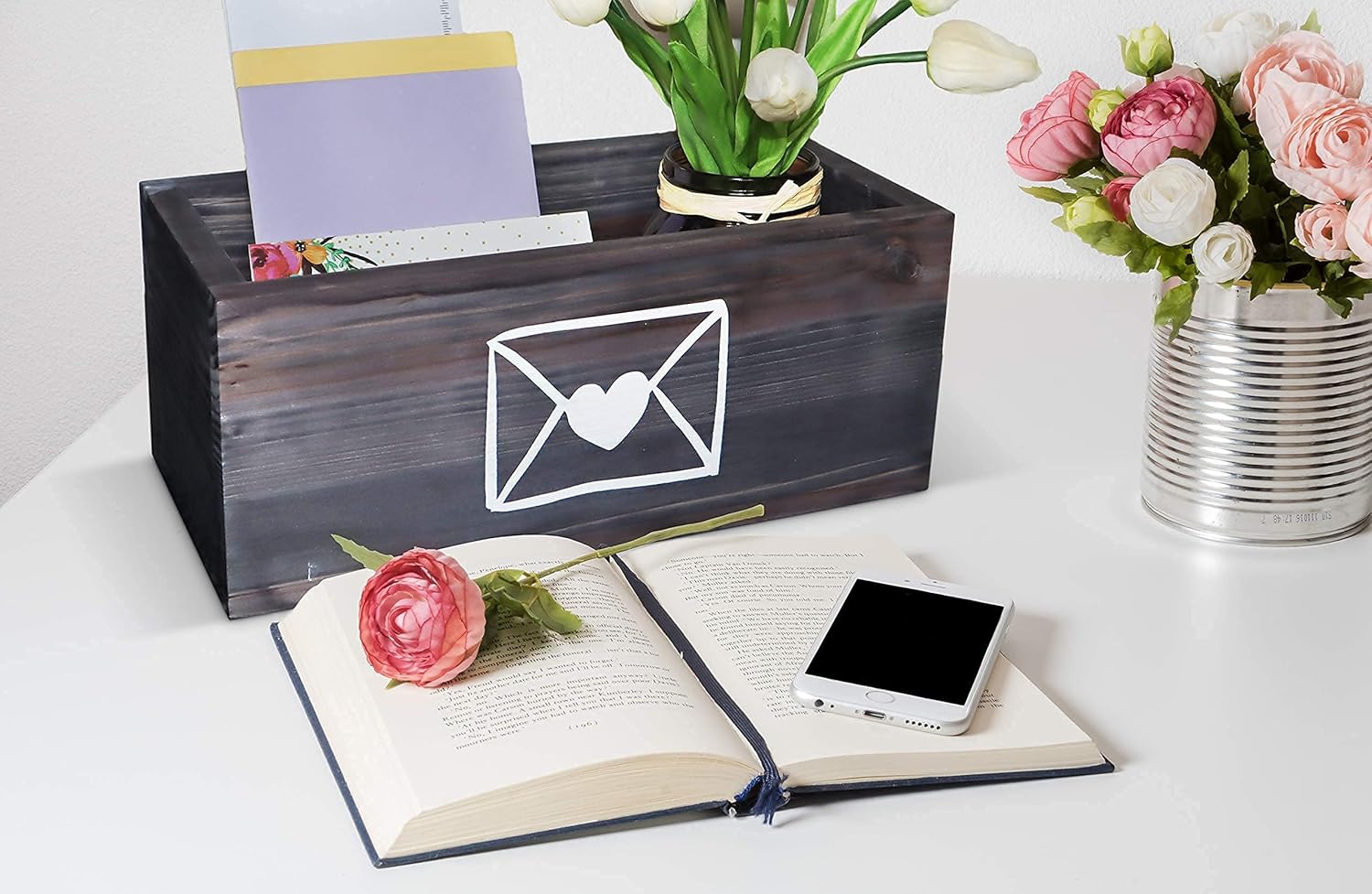 Wooden Mail Organizer Letter Holder Box - Rustic Mail Holder for Countertop, Bill Coupon Envelope Storage Mail Basket for Home Office Decor, Farmhouse Desk Organizer Mail Sorter (Grey) : Office Products