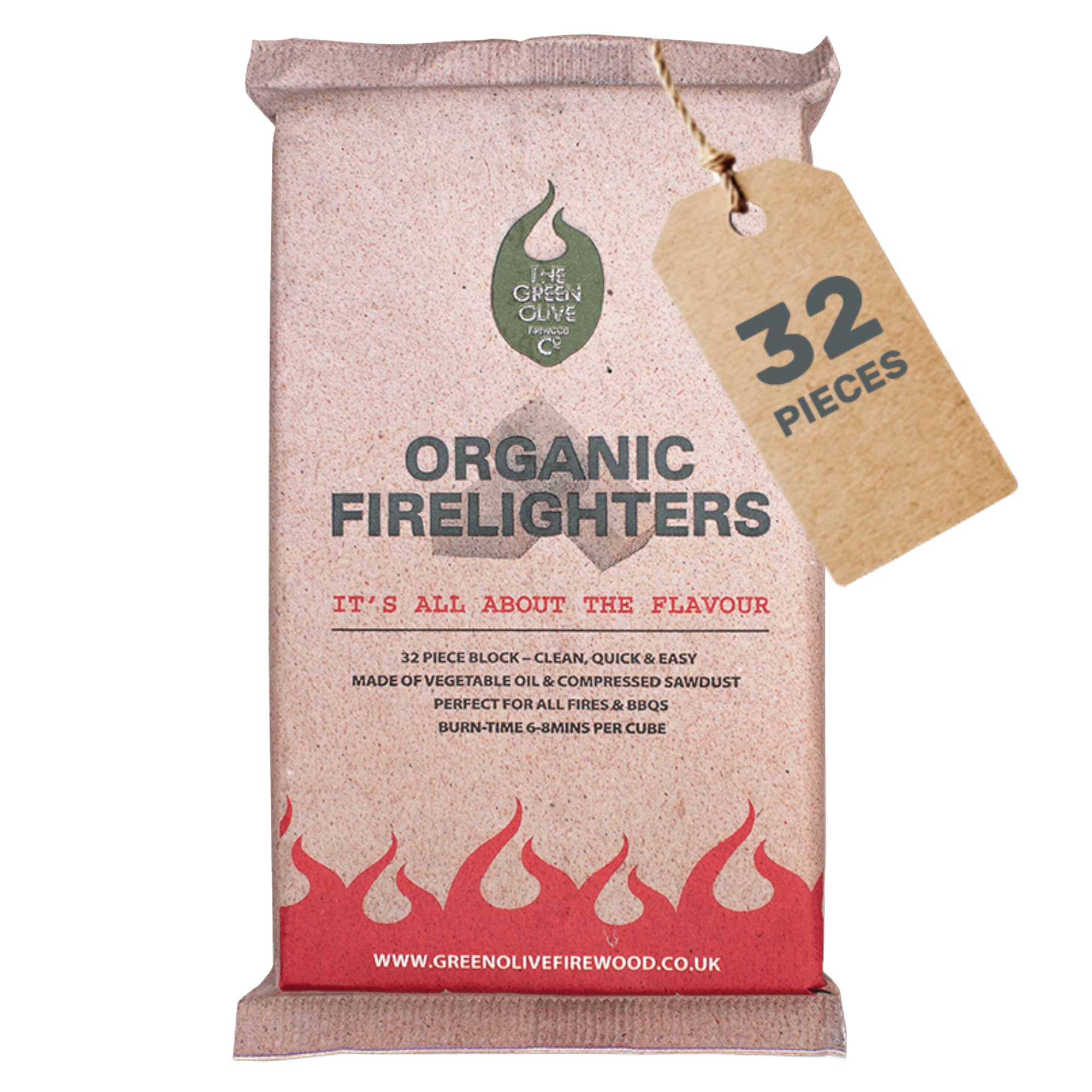 Green Olive Firewood Company 1 Pack of 32 Natural Firelighters for Pizza Ovens, Log Burners, Open Fires, BBQ lighters, Organic Fire Starters for wood burners, Stoves, Camping - BBQ Charcoal Lighter