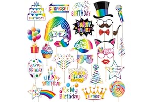 Konsait 30 PCS Colorful Happy Birthday Photo Booth Props, Birthday Party Decorations Funny Photo Booth Props Selfie Props for