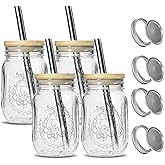 Icesip 4Pack 16oz Vintage Mason Jars with Bamboo Lids, Wide Mouth Glass Mason Cup with Lids and Straw, Iced Coffee Cup for Juice Milkshake Tea