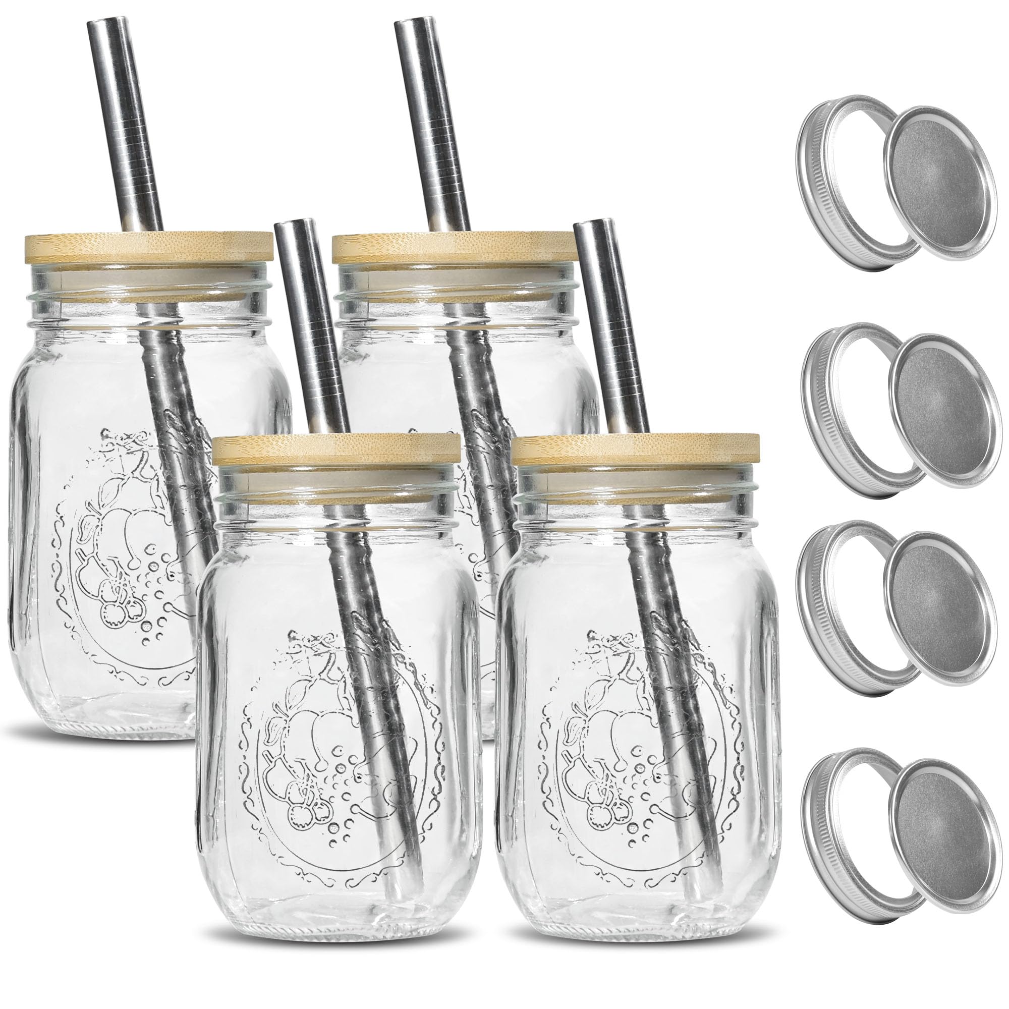 Photo 1 of 4Pack 16oz Vintage Mason Jars with Bamboo Lids, Wide Mouth Glass Mason Cup with Lids and Straw, Iced Coffee Cup for Juice Milkshake Tea