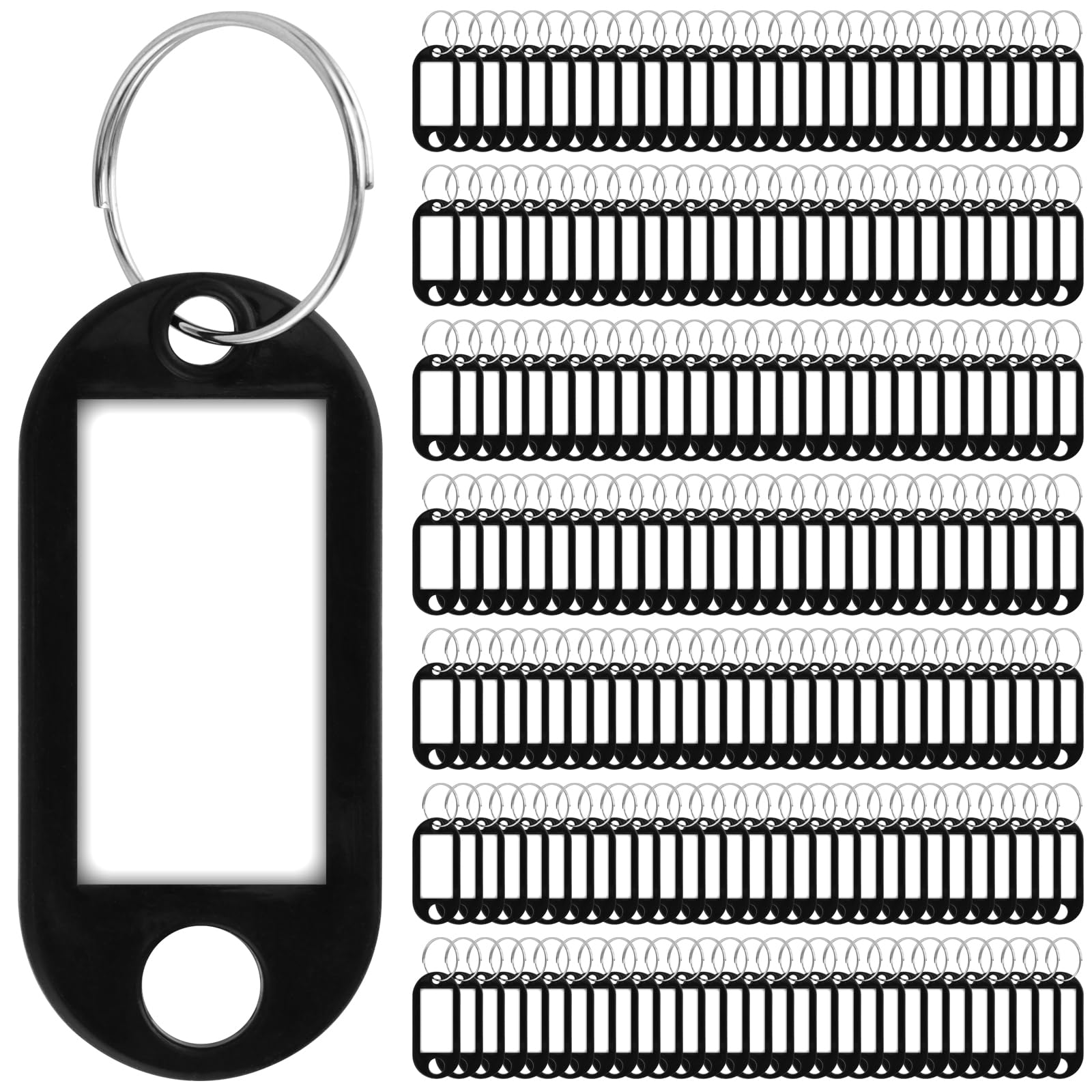 MUKLEI 200 PCS Black Plastic Key Tags with Labels and Split Ring, Small Keyring Tag for Key Fobs, Luggage, Office