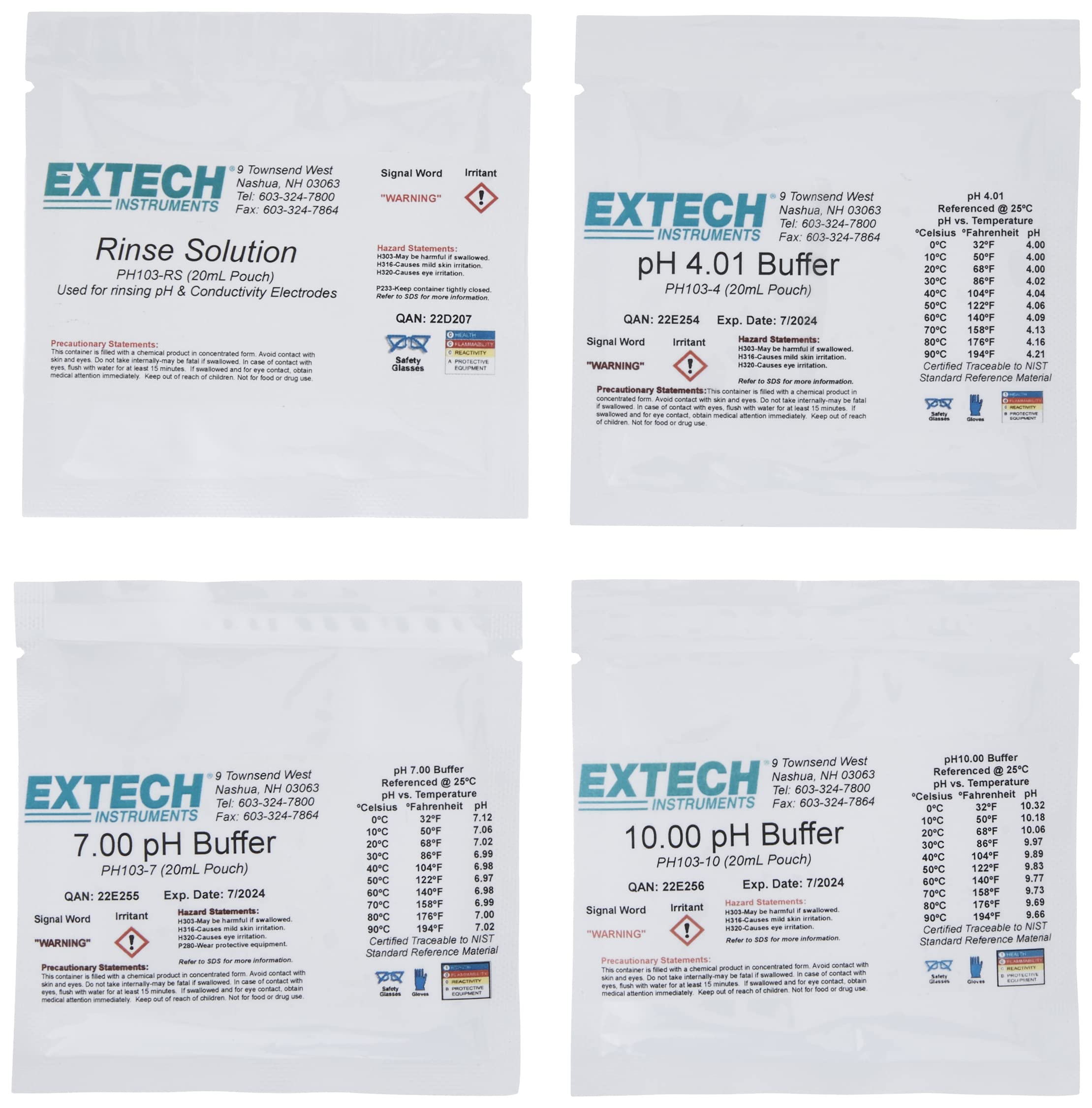 Extech PH103 Tripak Buffer Pouches Plus Rinse Solution Kit