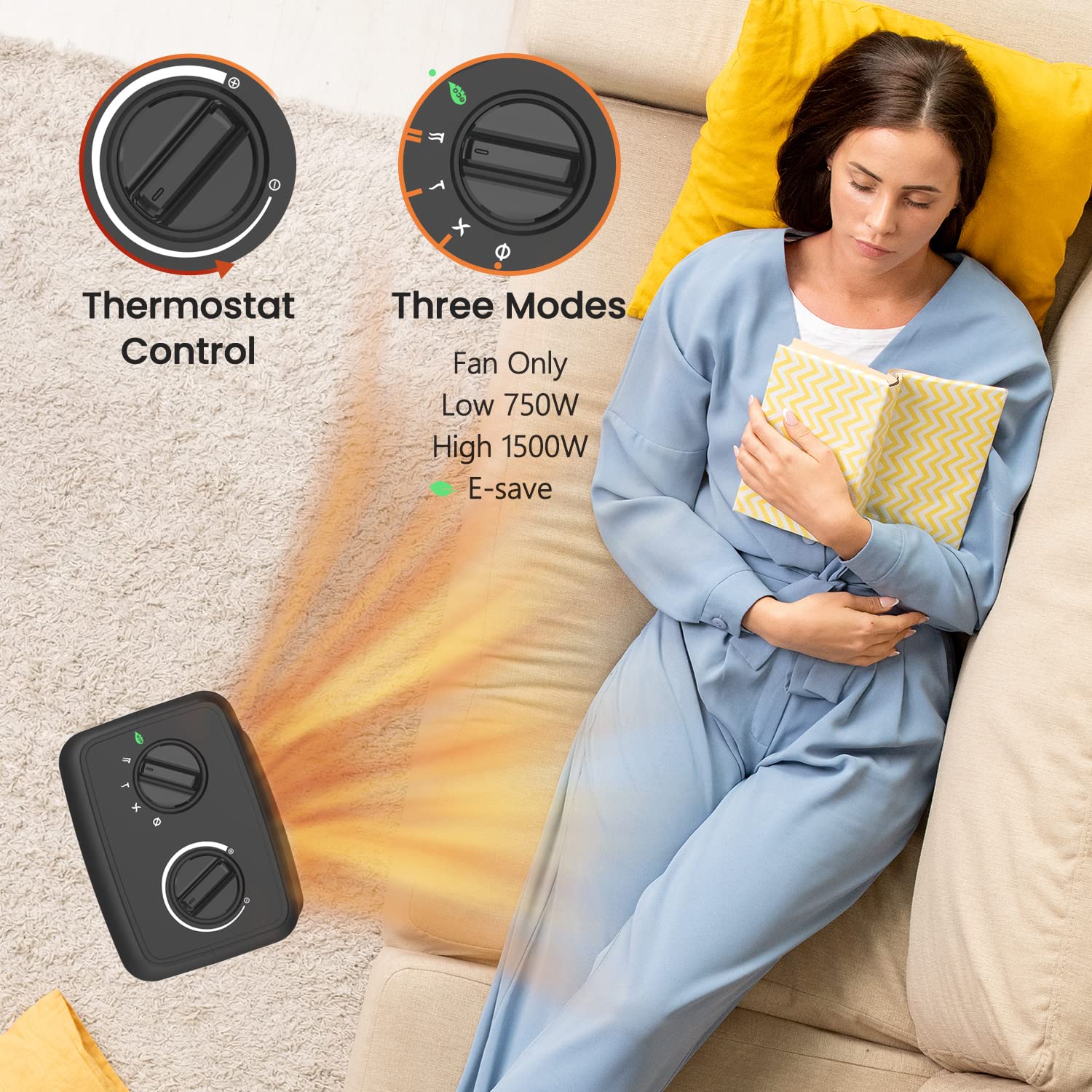 andily Space Heater Electric Heater for Home and Office Ceramic Small Heater with Thermostat, 750W/1500W (Matte black)