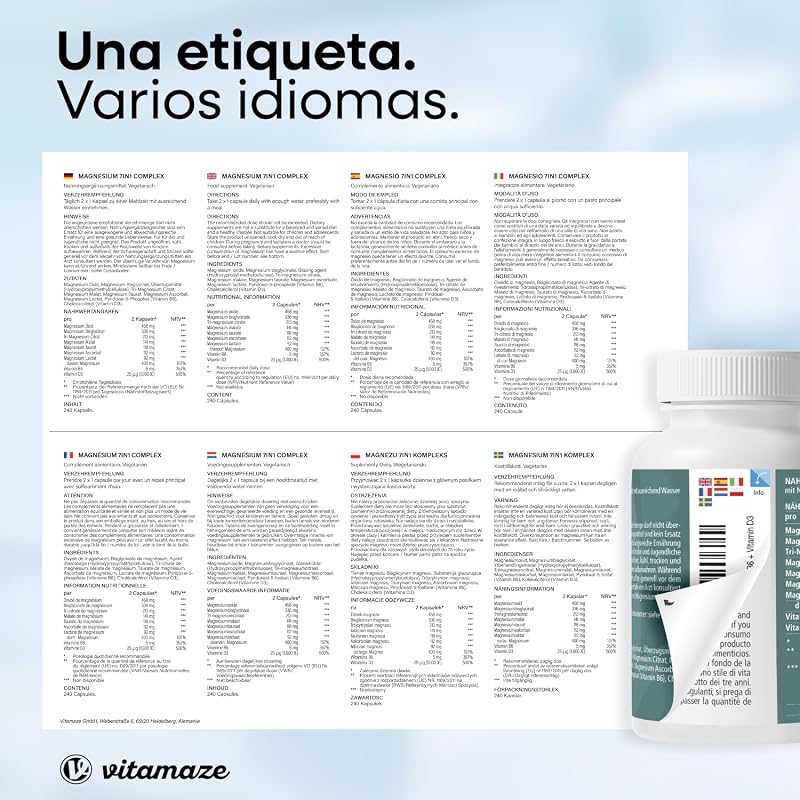 Vitamaze Magnesio Complex 7 Formas con B6 y D3, 240 cápsulas (4 Meses)