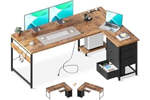 AODK L Shaped Desk with 4 Tier Drawers, 61" Reversible Gaming Desk with Power Outlets, L Shaped Computer Desk with USB Chargi