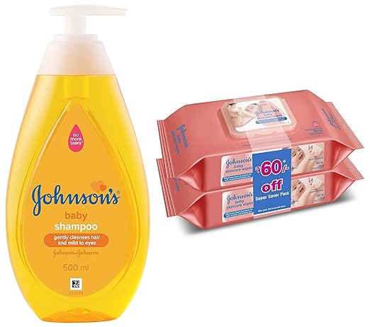 Johnsons Baby No More Tears Baby Shampoo 500ml & Baby Wipes, Pack of 2 (160 Wet Wipes) Combo