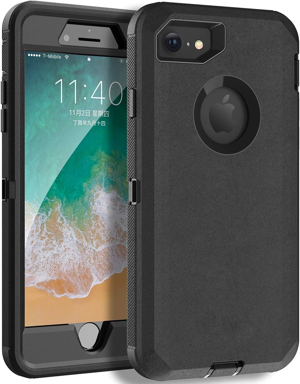 MXX iPhone 8 Heavy Duty Case with Screen Protector and Belt Clip [3 in 1 Layers Protective] Rugged Rubber Shockproof Protection Cover for Apple iPhone 7 / iPhone 8 - Black/Black