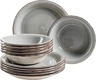 MÄSER Bel Tempo II Teller-Set für 6 Personen im modernen Vintage Look, 12-teiliges Tafelservice, handbemalt, Blau, Steingut, Rauchblau